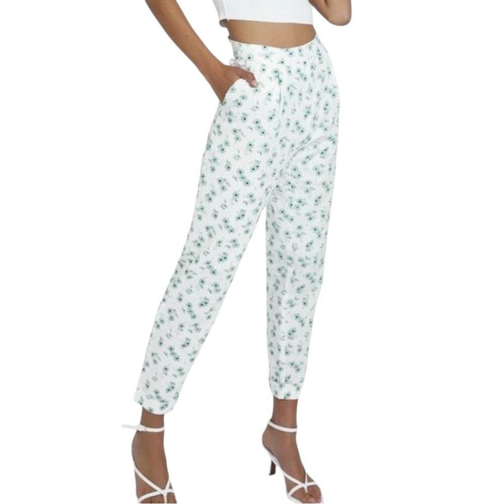 Showpo Adela White Green Floral Print High Rise Cotton Pants US 6